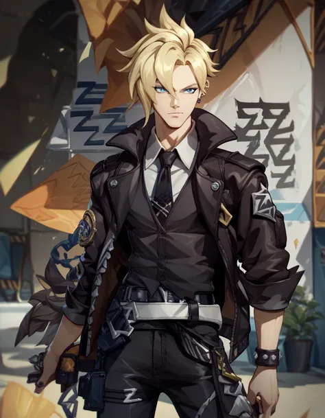 Human Male ,punk Clothing ,fur Jacket , Blonde haircut, zzz style, Zenless zone zero Style,  Belt pants  zzzpony , blue pupils , Black Tie ,