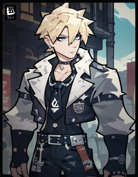 Human Male ,punk Clothing ,fur Jacket , Blonde haircut, Zenless zone zero Style,  Belt pants  zzzpony , blue pupils , Black Tie , 