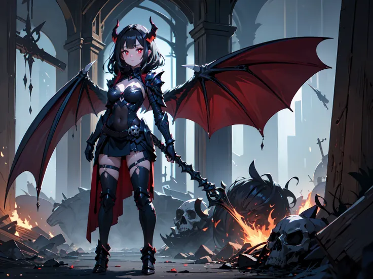 (((masterpiece, best quality, high detailed, 16k))) (1girl) A darkly enchanting woman with long flowing midnight-black hair and glowing red eyes. She wears a sinuous, tight-fitting black and crimson armor adorned with infernal symbols. Bat-like wings exten...