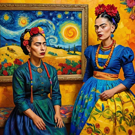 imagine a vivid and expressive oil painting where vincent van gogh and frida kahlo — two outstanding figures in the history of art — are depicted painting together. this painting brings legendary artists to life in an alternate reality where historical era...