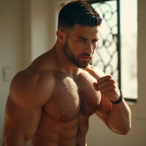 full body shot of a muscular attractive p4yn3, muscular thighs, strong physique, Shirtless, illuminated by bright natural light, karate fighting stance, highly detailed, 8k, photorealistic, cinematic lighting, chiseled abs, strong jawline, piercing eyes, d...