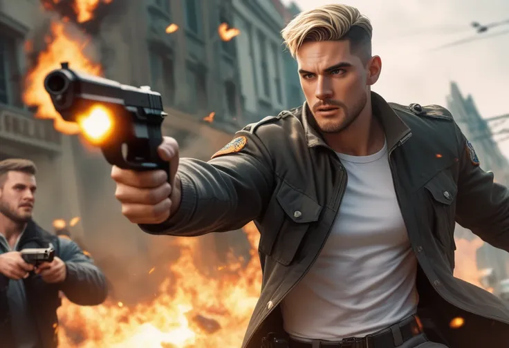 blonde buzz-cut short haired, dark eyed, brown bearded, black tight long sleeved faux bomber jacket on a white tshirt, grey cargo pants wearing man holding a burning lighter in a petrol station betwqeen gasoline tanks, action movie still, action thriller, ...