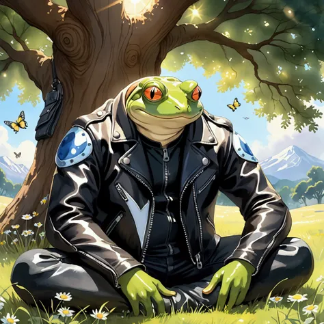 Closeup, Studio Ghibli Cartoon, Watercolor painting of an extremely badass anthropomorphic light blue and white bullfrog wearing an insanely cool black leather biker jacket open with zipper details, black shirt, black leather biker gloves, black leather bi...