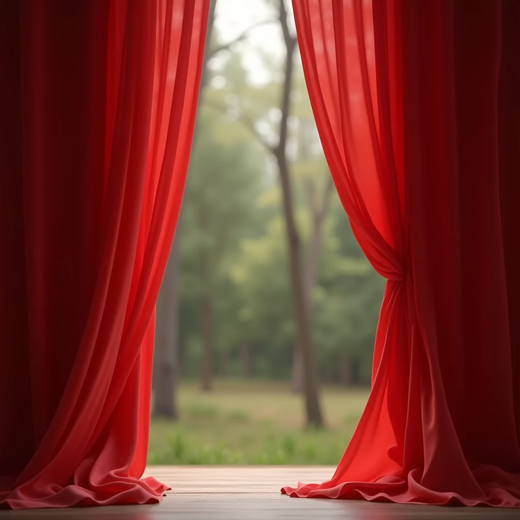 Long red curtains background, blur trees