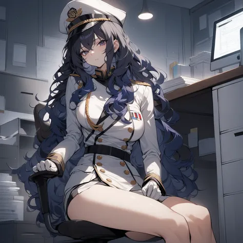 [high quality, best quality], 1girl, sitting, office, dark blue hair, navy hair, gradient hair, long hair, wavy hair, messy hair, military uniform, military cap, glove, sitting behind desk, looking at viewer, expressionless, arrogant, medium-large breast, ...