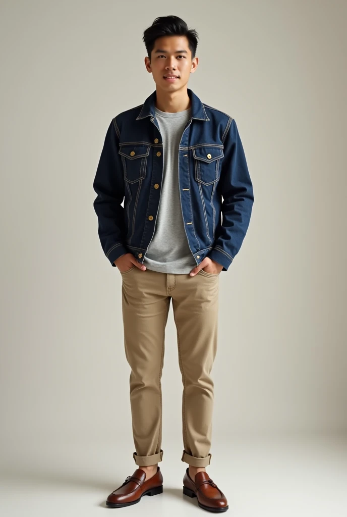 Young man, Filipino, navy blue denim trucker jacket, light gray chinese collar button t-shirt, beige pants, brown loafer shoes