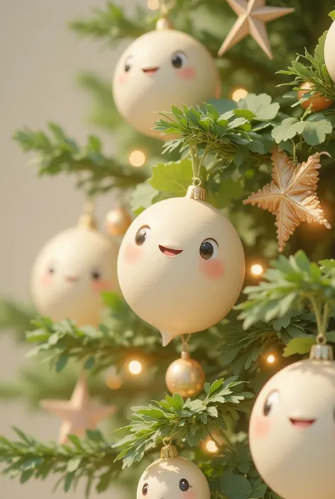 Close-up of a Christmas tree,Daikon characters turned into Christmas ornaments,star shaped ornament,Illumination