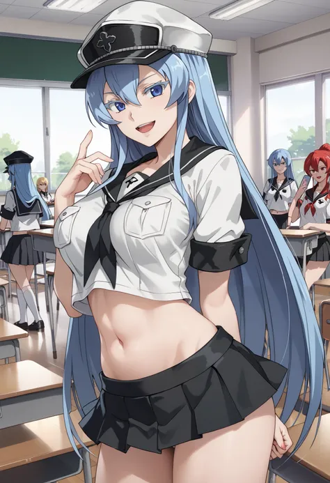 esdeath, blue eyes, blue hair, long hair, large breast, eyelashes, red face, in sailor uniforms with a posing for a picture, evil smile, smile, open mouth,black_serafuku, ecchi anime style, anime girls , ecchi style, ecchi, shipgirls, digital anime art!!, ...