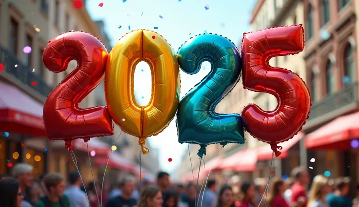 /imagine prompt: The word "2025" crafted as colorful inflated balloons in shades of red, blue, yellow, and green, floating above a vibrant outdoor New Year celebration scene with confetti raining down and people cheering. --stylize 100 --v 6.0
