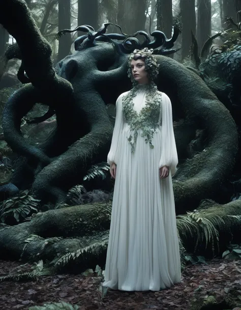 cinematic still, filmed by Guillermo del Toro, Amidst a deep dark forest, an enigmatic being appears--an amalgamation of flora and fauna, with vines for hair, eyes gleaming like embers, and skin adorned with iridescent scales 