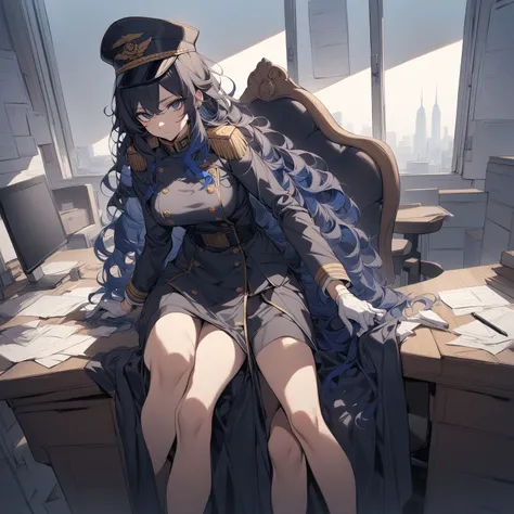 [high quality, best quality], 1girl, sitting, office, dark blue hair, navy hair, gradient hair, long hair, wavy hair, messy hair, military uniform, military cap, glove, sitting behind desk, looking at viewer, expressionless, arrogant, medium-large breast, ...