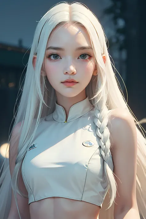 masterpiece, highest quality, (solo focus), (perfect face:1.1), (high detail:1.1),dramatic, 1girl, (pale skin), long white hair, white eyes, solo, long hair, moon, night, white luxury suit, covered navel, pouty lips, covered, futuristic city, detailed back...