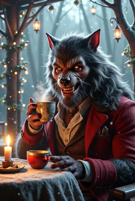 Ethereal werewolf in a dapper holiday ensemble, beaming with joy as they sip on a steaming mug of hot chocolate beneath the starry winter sky. Softly falling snowflakes surround them, illuminated by the warm glow of candles and twinkling lanterns, casting ...