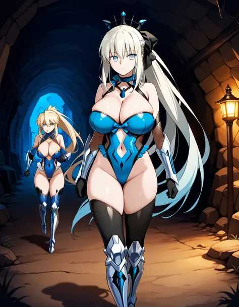 masterpiece, highest quality, highest image quality, highest resolution, very detailed, attention to detail, 16K, [2girls]++, taimanin suit, adapted costume, artoria pendragon (lancer) (fate), morgan le fay (fate), huge breasts, bursting breasts, skin tigh...