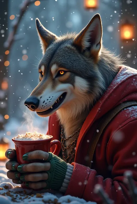 A midnight winter wonderland scene: an elegant werewolf, resplendent in a festive holiday suit, beaming with joy as they sip a steaming mug of hot chocolate. Snowflakes gently fall around them, illuminated by the soft glow of twinkling lanterns. The werewo...