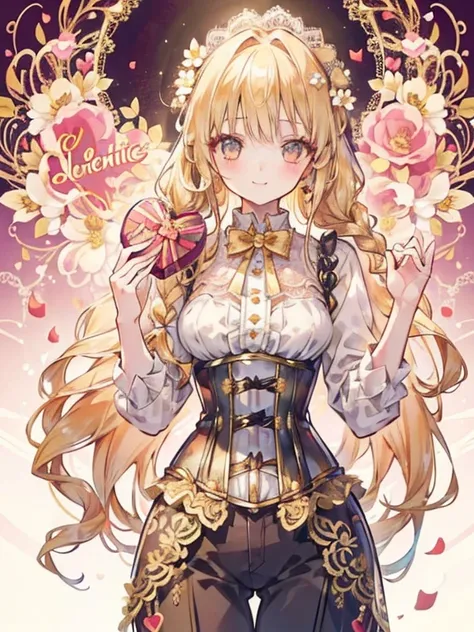 girl,(golden hair),(Fluffy long hair),(braid:1.2),((corset)),((lace style pants style)),big smile,cute,close up of face,(Flower background:1.3),((valentine&#39;s atmosphere))