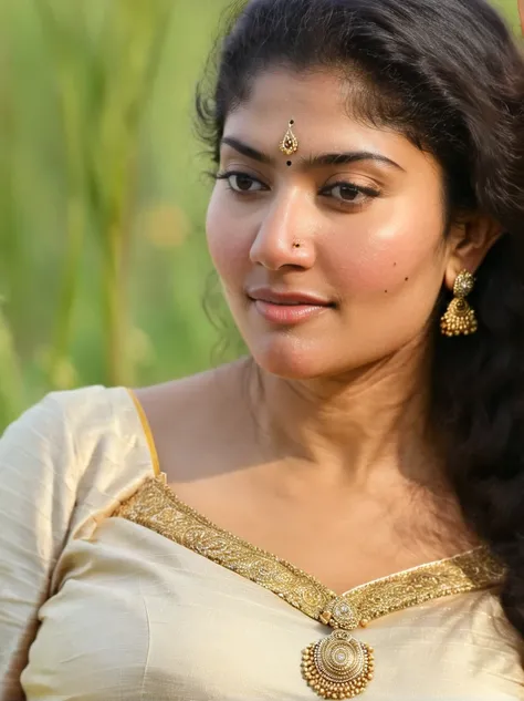 ultrarealistic hires photo of a 30-year-old sai pallavi woman, outdoors, huge boobs in golden jewelry, realistic skin texture, looking at camera, clear juicy skin, thick black curly long hair, beautiful bokeh background 