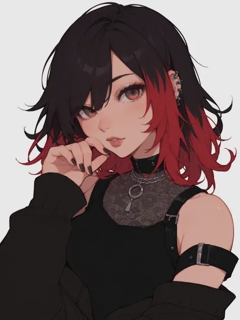 a woman with red hair and black top posing for a picture, 1 7 - year - old anime goth girl, anime style character, an anime girl, anime styled, anime style portrait, anime art style, portrait of an anime girl, in an anime style, high quality anime artstyle...