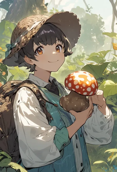 a boy,Holding a mushroom in hand and smiling