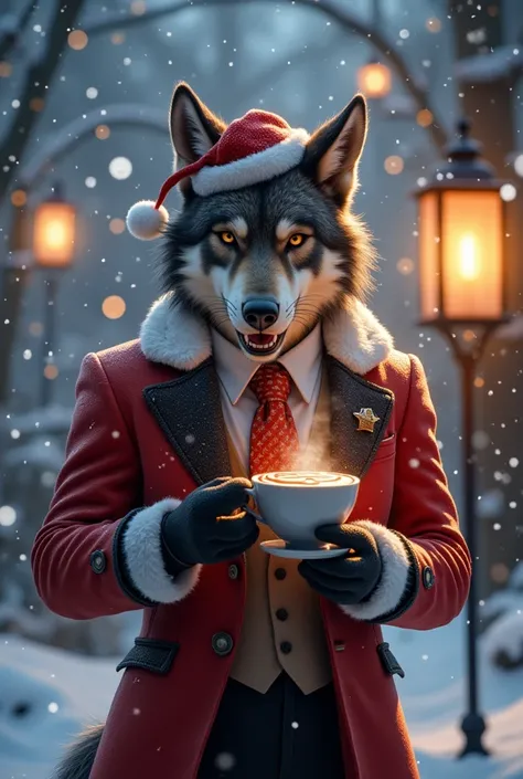 an elegant werewolff wearing a Christmas suit smiling, drinking a hot chocolate drink, outdoors at night, falling snow,  Fantasy art style, magical Christmas atmosphere, glowing lanterns