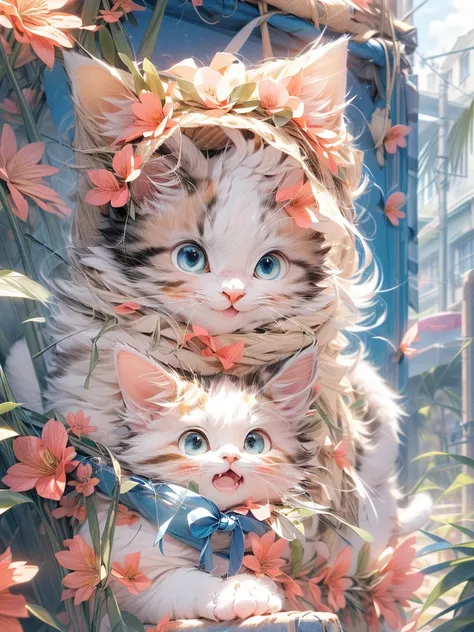 absurderes, ultra-detailliert,bright colour,(8K:1.5),masuter piece,Bright scenery、For that, blue open sky、extremely beautiful detailed face and eyes,(Cat personification:1.4)、(Deep Blue Eyes:1.4) Valley、Pink skin、Summer morning、A back alley with lots of fl...