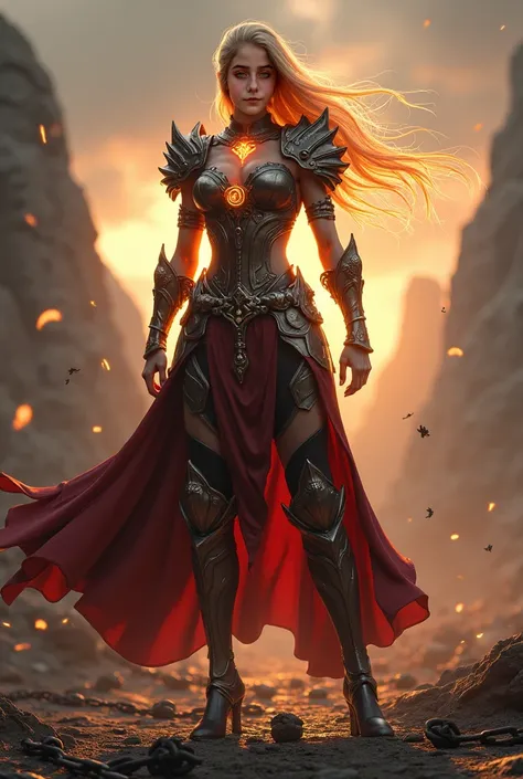 a female warrior with a powerful aura that breaks chains.