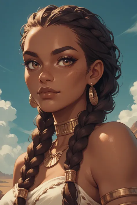 Make a grown-up female character,  theme with characteristics of indigenous Americans , in a post-apocalypse zombie ,  she must have brown skin and long braided hair,