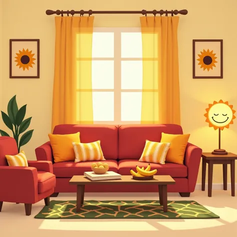 "Design a cozy cartoon-style living room with a monochromatic theme of brown and cream white with so golden feel to it. Include a large, plush sofa in red with patterned throw pillows in different shades of red and gold. Add a matching armchair, a brown co...