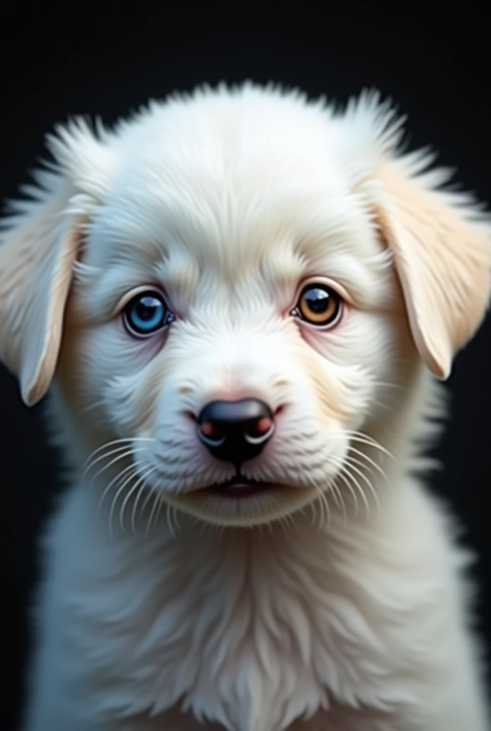 "Create a hyper-realistic close-up portrait of a white puppy with soft fur, showcasing its striking heterochromatic eyes—one a deep, piercing blue and the other a warm, golden brown. The puppys expression should exude innocence and curiosity, with fine det...