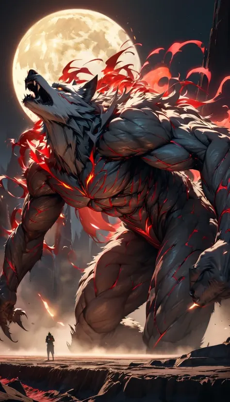 A werewolf standing under a giant glowing full moon in a dramatic transformation scene, The werewolf howls fiercely its eyes glowing red and light trails emanating from its transforming body, The scene is set in a mystical cosmic space with dark blue and b...