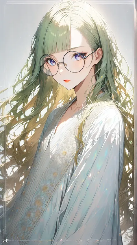 (ファンタジー中世の宮廷を歩いている small round glasses をかけた24歳の女性:1.5), court magician(Also works as an alchemist), 
Hairstyle：( straight long hair、Bangs just covering the eyebrows:1.5), 
( dark, thin and well-groomed eyebrows ), (睫毛は長く上向きでeye元に陰影を与える), 
eye：くっきりとした二重で少し吊...