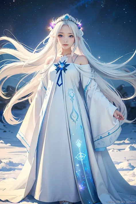 anime girl with long white hair and a blue dress in the snow, white haired deity, white hair floating in air, anime fantasy illustration, flowing white hair, beautiful young wind spirit, beautiful fantasy anime, glowing flowing hair, ethereal anime, beauti...