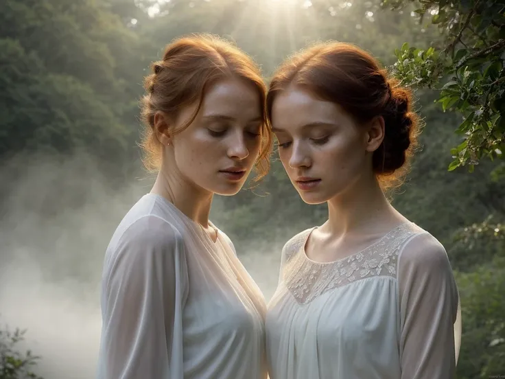 Two beautiful African girls emerging from the water, beautiful redhead young girl, delicate pale skin, white victorian blouse, see through (whole body:1.2),frappé par un (Un rayon de soleil depuis une fenêtre:1.1), detailed facial features, water splashing...