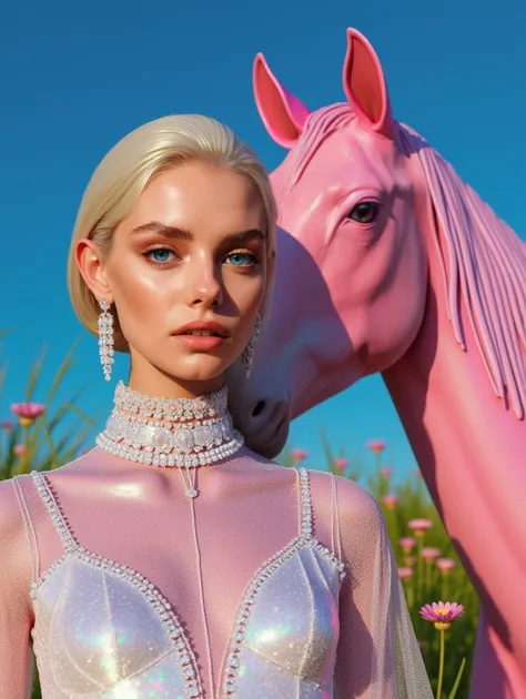 A beautiful fashion model wearing an iridescent white dress ,with her pink horse in a field full of grasses and flowers. The pastel colors and ethereal aesthetic create a sense of haute couture in the style of Gucci and Fendi. The image is hyper-detailed a...