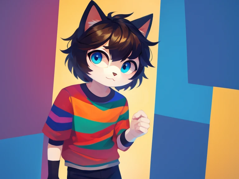 Furry boy, cute cat, short hairstyle, detailed body, clothes, multi-colored eyes, modern art, best quality 