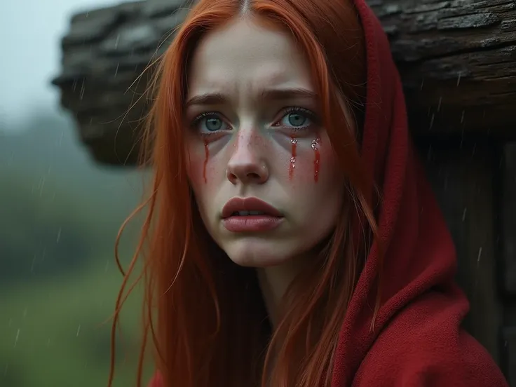 Mary Magdalene on Calvary. She has red hair , she crying. Shes beautiful lips ,  Symmetrical anatomy ,  rainy landscape with a focused and ultra realistic background. She tears in her eyes and cheeks 