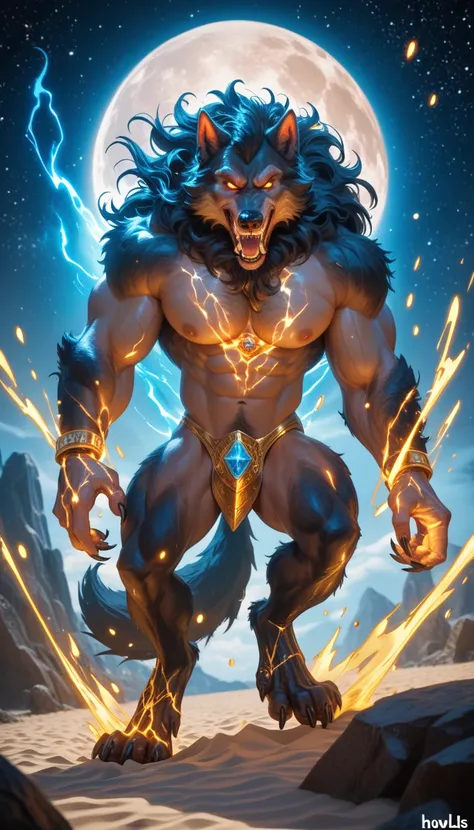 A werewolf standing under a giant glowing full moon in a dramatic transformation scene, The werewolf howls fiercely its eyes glowing red and light trails emanating from its transforming body, The scene is set in a mystical cosmic space with dark blue and b...