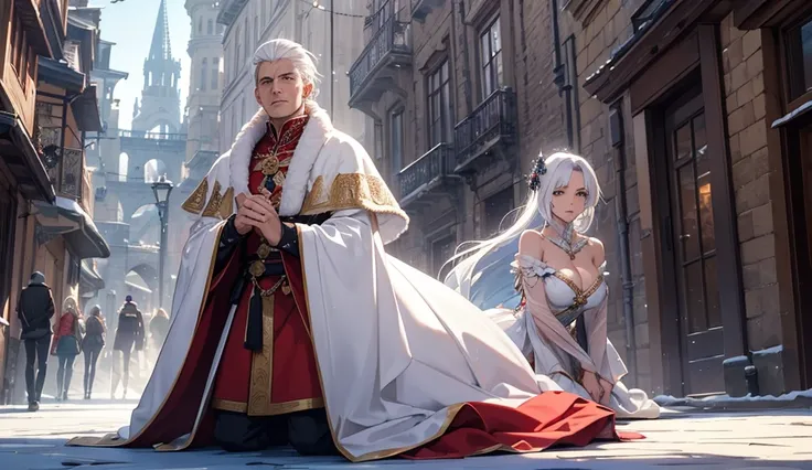 A regal man with snow-white hair lying on the ground, wearing an elegant but slightly disheveled outfit. A woman dressed in bright, flamboyant clothing, resembling a courtesan, kneels beside him, attempting to help. The scene is dramatic, with a medieval f...