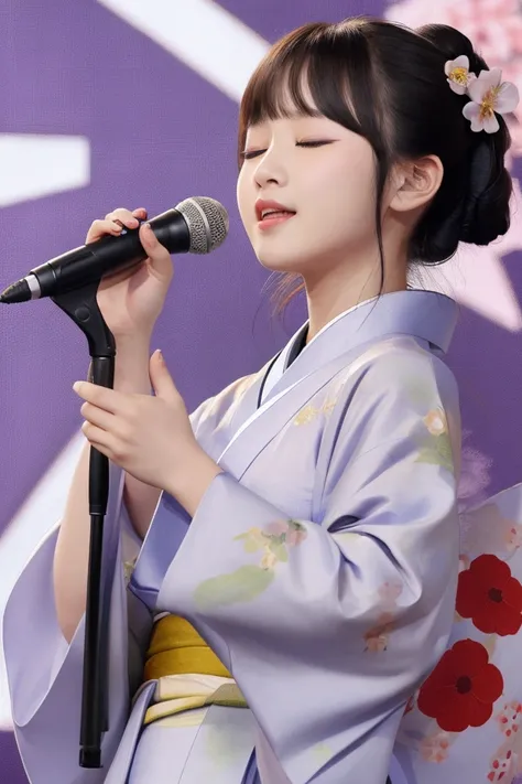 Young woman in kimono, singer, microphone, eyes closed, looking to the side, singing