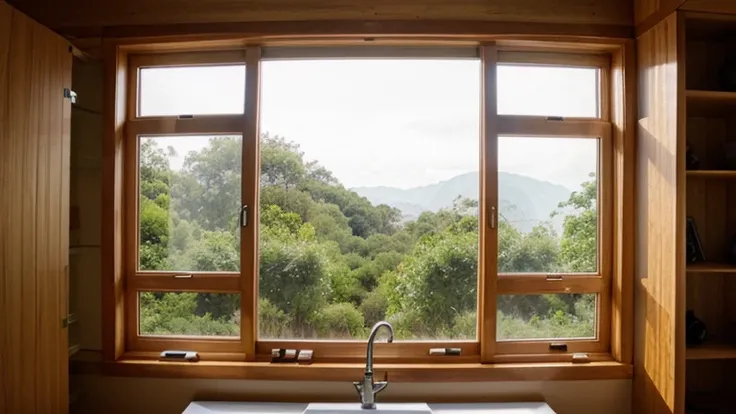 Large rectangular wooden window, light colored, with several divisions and transparent glass