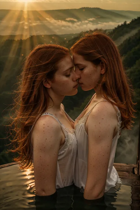 a girl cuddling another girl, emerging from the water, beautiful redhead young girl, delicate pale skin, white victorian blouse, see through (whole body:1.2),frappé par un (Un rayon de soleil depuis une fenêtre:1.1), top down view, two girls whispering to ...