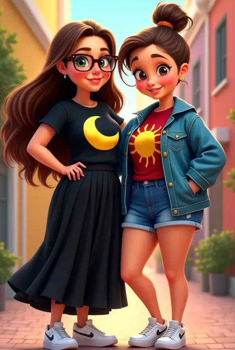 Affiche pixar de deux meilleures amies.  The first is fat ,  has long brown hair , les yeux verts,  She wears tortoise glasses, elle porte un t-shirt noir avec une lune, et une jupe longue plissée noire, et air force one.
The second is fat ,  with light br...