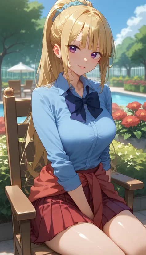 score_9,score_8_up,score_7_up, shiny skin, 1girl, KeiKaruizawa, Kei Karuizawa, bangs, blunt bangs, ponytail hair, violet eyes, blonde hair, blue scrunchie, light blue shirt, collared shirt, bowtie, clothes around waist, pleated skirt, red skirt, sit, sitti...