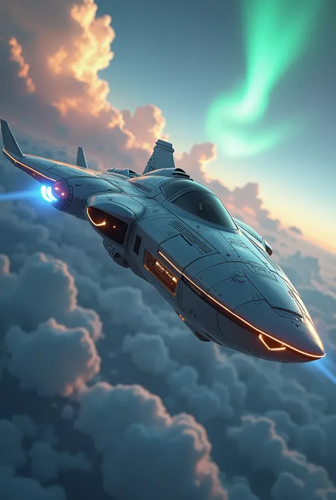 cinematic photography spaceship flying in the sky with aurora lights in the background, an epic spaceship scene