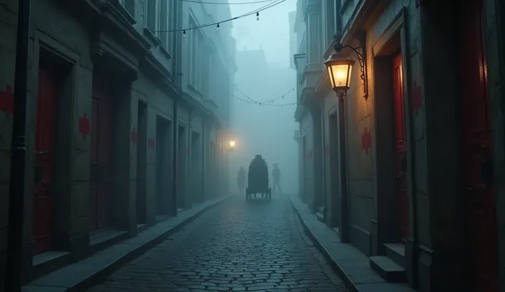 A haunting London alley, 1665, with red crosses painted on doors, a plague cart barely visible in the fog, dim lantern light highlighting the eerie atmosphere, dramatic and bold title text "La Gran Plaga de Londres (1665)" suspended in the misty air, dark ...