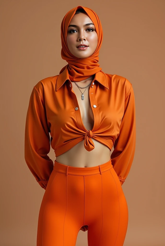 HIJAB MALAY, oren light high legging, cameltoe,  shirt split in the middle ,  BOTH HANDS LYING BEHIND BACK, front view visible big chest