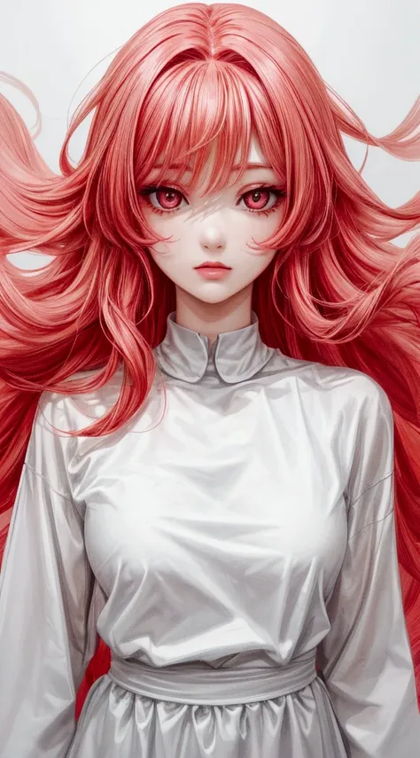  The character in the image has long and voluminous hair ,  of a vibrant red hue ,  that seem to have a brilliant effect .  She wears a simple white t-shirt that highlights her appearance .  His face is expressive ,  with striking eyes that convey a certai...