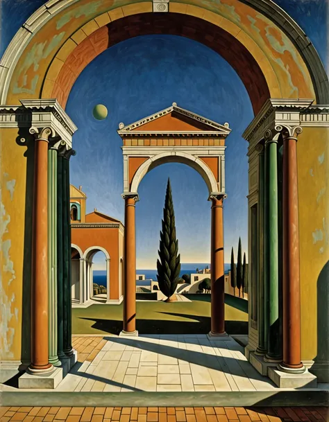 Surrealism and avant-garde art, Dreams and unconscious representations, psychoanalysis, mysticism, eroticism, Classical architecture with arches, Ancient Greek sculpture, A long shadow is depicted, The left and right sides of the screen are out of focus in...