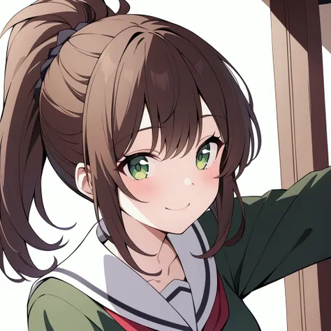 [[ very detailed and beautiful image  ]] , [[4K ]] ,  a woman with a ponytail hairstyle ,  the hair is brown and green eyes  , a Japanese school uniform  , with a cheerful smile 