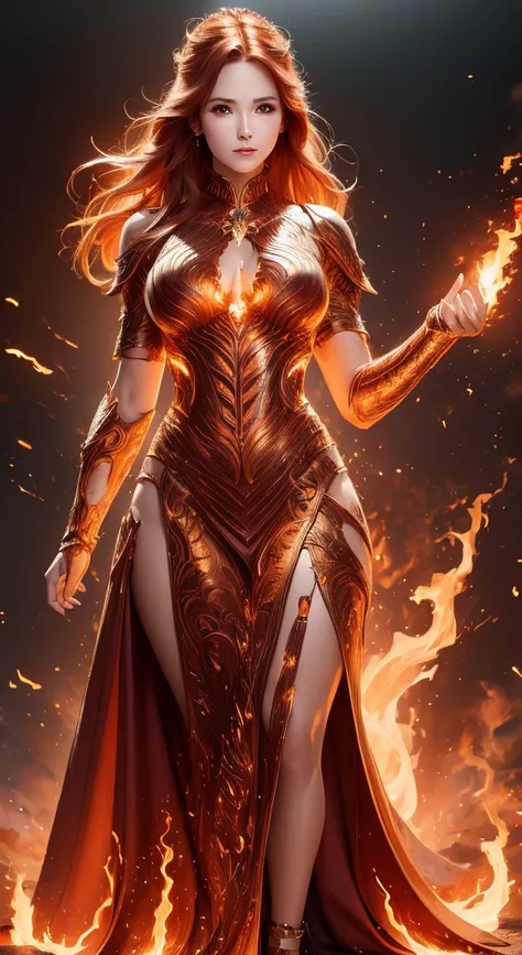 a Busty woman with red hair and a red dress is standing in front of a dark background, beautiful elegant queen, goddess of fire, 4k fantasy art, fantasy woman, lady in red armor, epic fantasy art style hd, the fire queen, inspired by Magali Villeneuve, det...